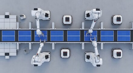 Automated Solar Panel Manufacturing: Robotic Arms Assembling Modules on Production Line, High-Tech Factory, Top-Down Clean Studio Shot