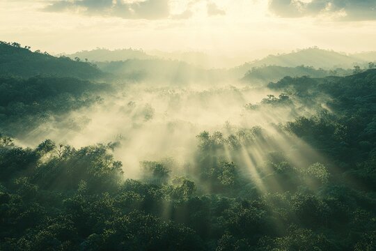 Misty sunrise over a lush green valley. Sunlight beams through the morning fog, illuminating the dense forest canopy.  Rolling hills stretch into the distance - Powered by Adobe