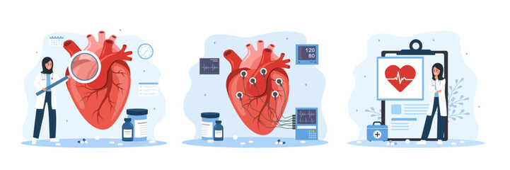 Cardiologist concept. Cardiovascular diseases and health care. Set of muslim female doctors in hijab. Vector illustrations in flat cartoon style.
