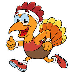 A cheerful cartoon turkey jogs with a big smile, wearing a headband and athletic gear—perfect for fun Thanksgiving and fitness-themed designs.