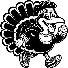 A cheerful cartoon turkey jogs with a big smile, wearing a headband and athletic gear—perfect for fun Thanksgiving and fitness-themed designs.