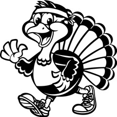 A cheerful cartoon turkey jogs with a big smile, wearing a headband and athletic gear—perfect for fun Thanksgiving and fitness-themed designs.