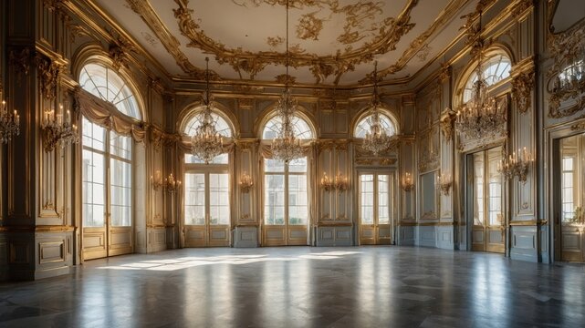Lavish Rococo ballroom interior with elegant chandeliers and ornate details in a grand historical setting
