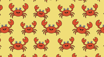 A cheerful pattern features a repeated design of red cartoon crabs with big eyes and smiles on a yellow background, creating a fun and playful aesthetic.
