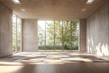 Spacious Yoga Studio: Minimalist Design with Natural Light and Wooden Floor for an Inviting Atmosphere