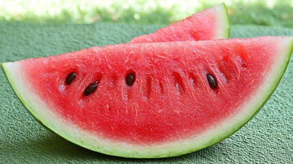 Two watermelon slices on a green surface