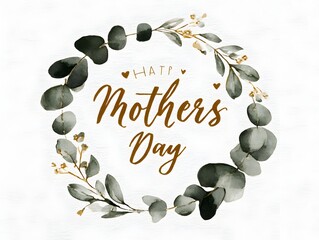 Elegant watercolor eucalyptus wreath frame surrounds a heartfelt Happy Mothers Day message perfect for cards and social media posts.