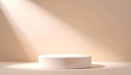White Round Podium with Spotlight on Beige Background