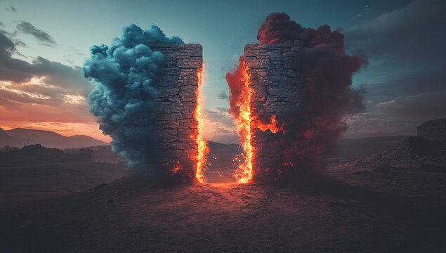 Dramatic stone wall, split open by fire and smoke, reveals a path