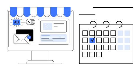 Computer monitor displaying ads, emails, and web content under a storefront awning beside a marked calendar. Ideal for marketing strategy, content planning, e-commerce, advertising, schedule