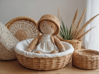 A cute linen doll resting inside a small round rattan basket
