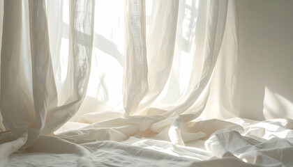 White Sheer Curtains Draped on Windowsill with Sunlight Streaming Through