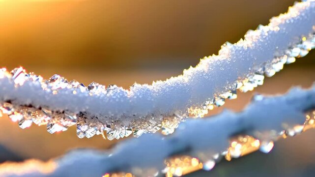 Frozen rope macro with ice crystals sparkling in sunlight, creating abstract winter scene on cold day, soft focus background