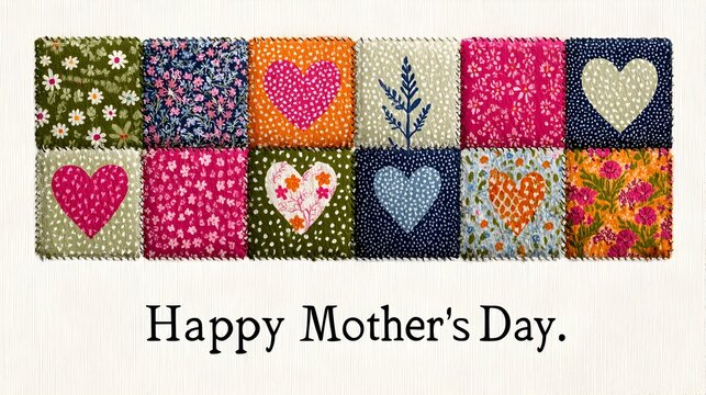 A colorful patchwork quilt design featu hearts and floral patterns perfect for Mother's Day cards or crafts.