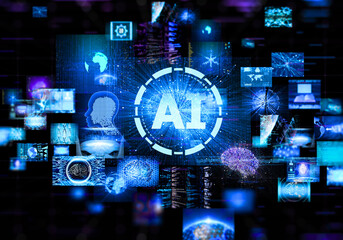 AI background image. Artificial Intelligence processor unit. Powerful Quantum AI component.
