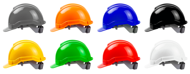 set of safety construction helmets or hard hats with eight different colors
