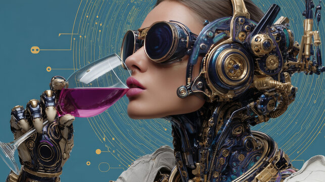 Astronaut woman drinks a glass of wine. Alcoholic party, new year holiday. Pop art retro vector illustration 50s 60s vintage kitsch style