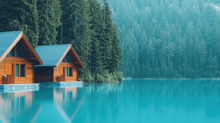 Fototapeta premium Lakeside Cabin Retreat: Serene cabin retreat nestled on the tranquil waters of a lake, surrounded by majestic trees, reflecting the beauty of the natural world.