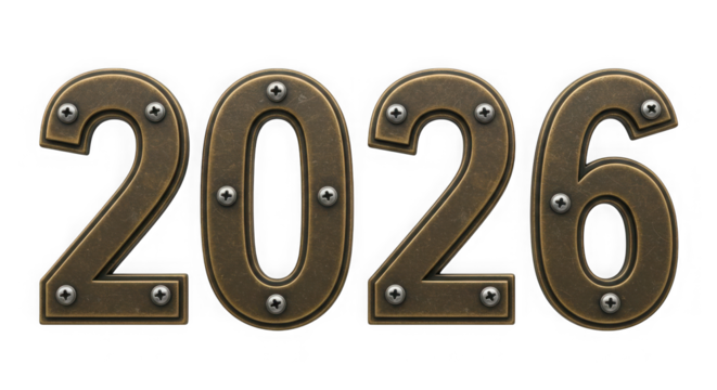 Metal numerals showing the year two thousand twenty six on a transparent background