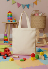 Blank tote bag in children's playroom