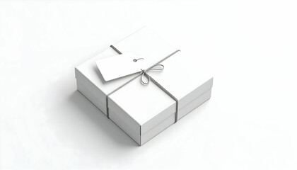White Square Gift Box with Tag and Twine on White Background