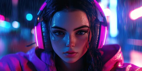 Person with headphones in nightlife setting