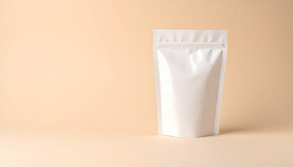 White Stand Up Pouch on Beige Background