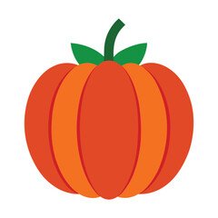 Simple orange pumpkin illustration with green stem and leaves isolated on white