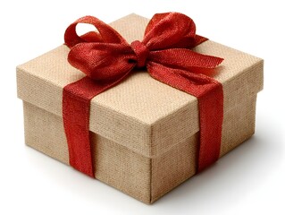 A beautifully wrapped gift box with a red ribbon bow sits on a white background perfect for holiday or birthday celebrations.