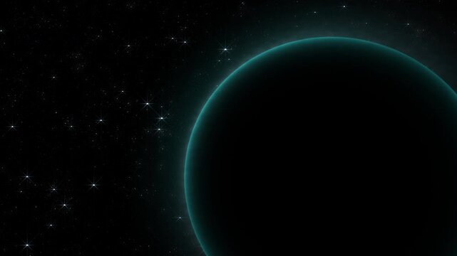 Abstract planet with animated glowing blue atmosphere in deep space against a starry background and light reflections. Perfect for sci-fi, astronomy, space exploration, or futuristic themes