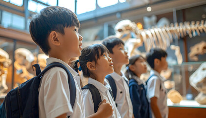 A group of school children on a field trip in a museum, wearing uniforms, curiously  
