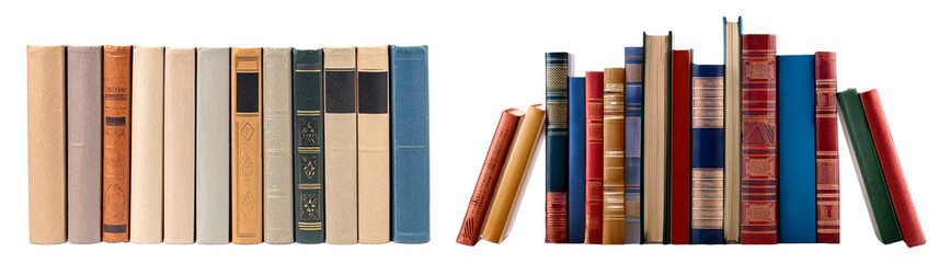 rows of antique book covers isolated on white background