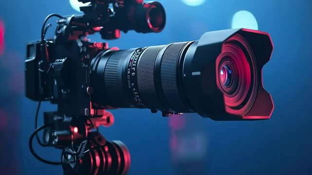 Professional camera with large zoom lens against blurred blue background with red and light blue bokeh