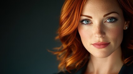 Fototapeta premium Radiant Beauty Portrait: A captivating portrait of a woman with striking red hair and enchanting blue eyes, her expressive gaze and vibrant complexion reflect inner confidence and beauty.