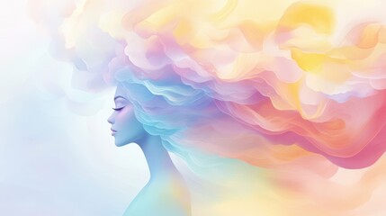 Colorful Mind: A stunning artistic illustration of a woman's profile, her hair flowing into a vibrant cascade of colors. This evokes a sense of imagination, creativity, and the beauty of the mind.