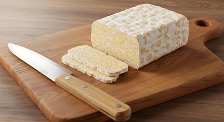 image of tempeh on a wooden chopping board, tempeh is an original Indonesian product
