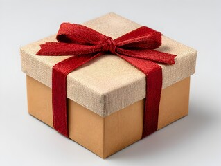 A beige gift box with a red ribbon bow sits on a plain white background perfect for holidays or special occasions.
