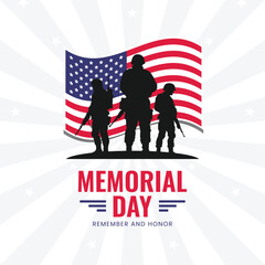 Soldiers silhouette in front of waving U.S. flag.