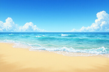 sandy beach with a blue sky and white clouds