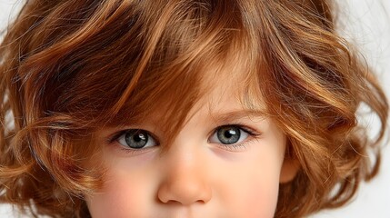 Naklejka premium A close-up portrait reveals a toddler's captivating gaze, showcasing her bright blue eyes and curly auburn hair against a clean white background.
