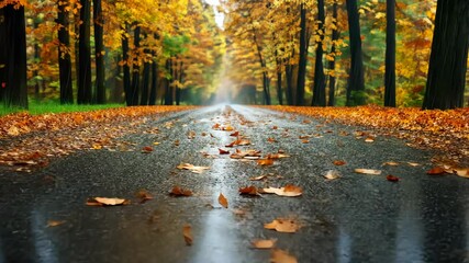 Autumn Roadway: A tranquil autumn scene unfolds as a wet road glistens under the soft light of a new day, flanked by trees displaying vibrant yellow and orange foliage. - Powered by Adobe
