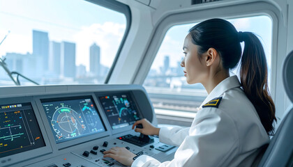 Realistic scene of an electric train driver operating the control panel, modern cockpit
