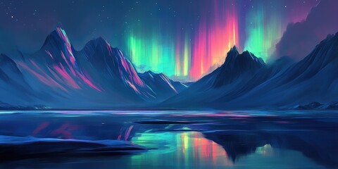 Nighttime mountain scene with vibrant aurora borealis reflecting on a lake