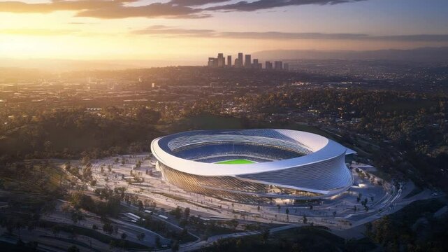 Architectural marvel sofi stadium in los angeles during beautiful sunset moment