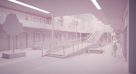 Modern Shopping Mall Interior Design: Accessible Ramp, Escalator, and Greenery