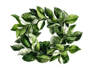 Fototapeta premium A lush watercolor wreath of vibrant green leaves with variegated white accents creates a beautiful circular frame perfect for design projects.