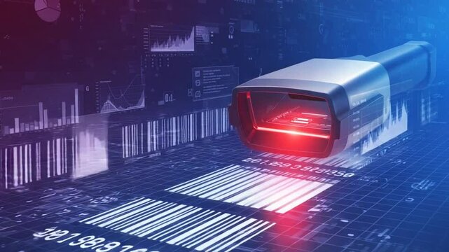 A futuristic barcode scanner analyzing data in a high-tech digital environment