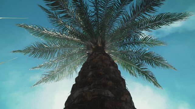 Cinematic upward tracking shot of tropical palm tree in Casamance, Senegal with moody smoke and misty atmosphere, showing trunk and leaves in lush humid West African jungle