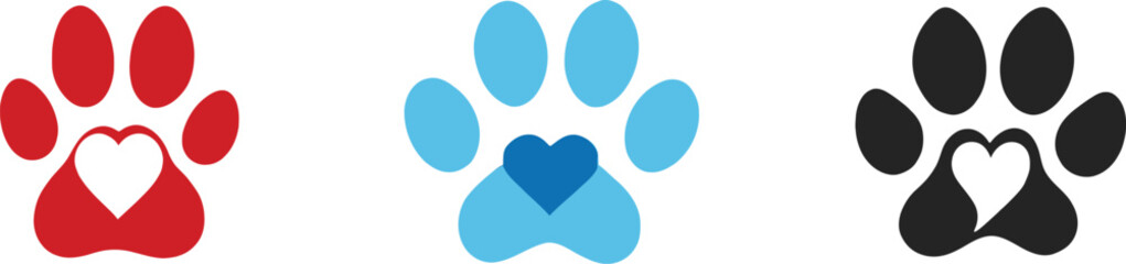 Set of Vector logo paw, animal icon, pet print, minimalist vector logo red paw symbol, pet icon, animal track, simple paw design flat,  illustration

