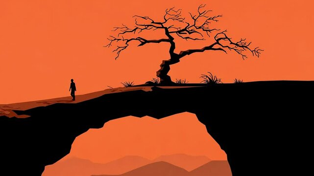 Silhouette of a lone figure standing on a cliff edge by a bare tree against an orange sky